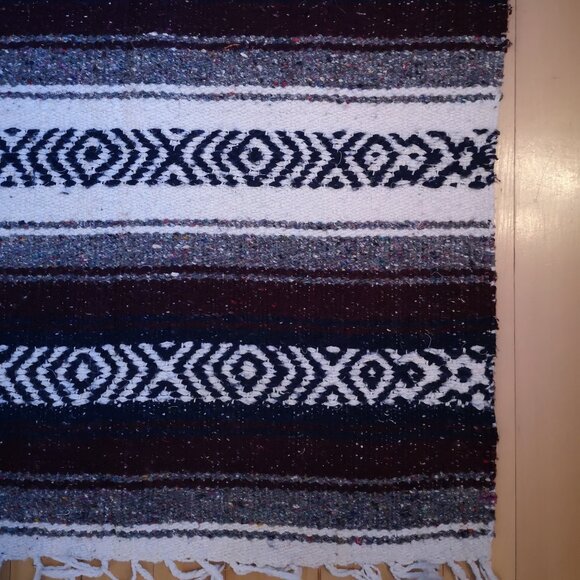Mexican Blanket Heavy Weight Handmade Navy Cream Grey & Burgundy Patterned - Picture 2 of 4